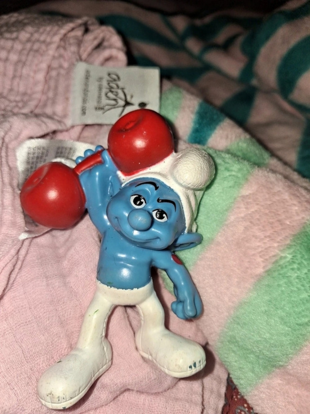 Schleich Hefty Smurf Weightlifter with Barbell Figure Blue & Red